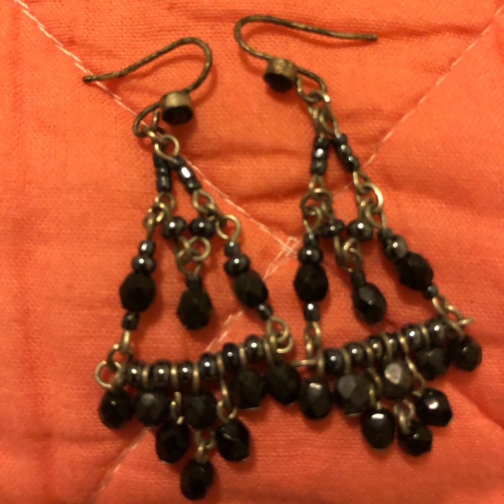 Sterling silver drop earrings with black beads